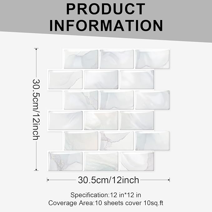 10 Sheets Thicker Design Peel and Stick Backsplash, 12"x12" Peel and Stick Wall Tiles, Subway Look Marble Tiles Backsplash for Kitchen and Bathroom, Light Gray Veins