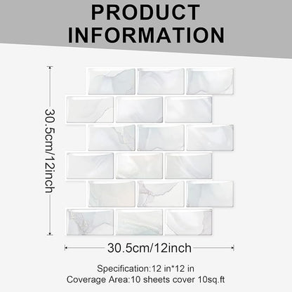 10 Sheets Thicker Design Peel and Stick Backsplash, 12"x12" Peel and Stick Wall Tiles, Subway Look Marble Tiles Backsplash for Kitchen and Bathroom, Light Gray Veins