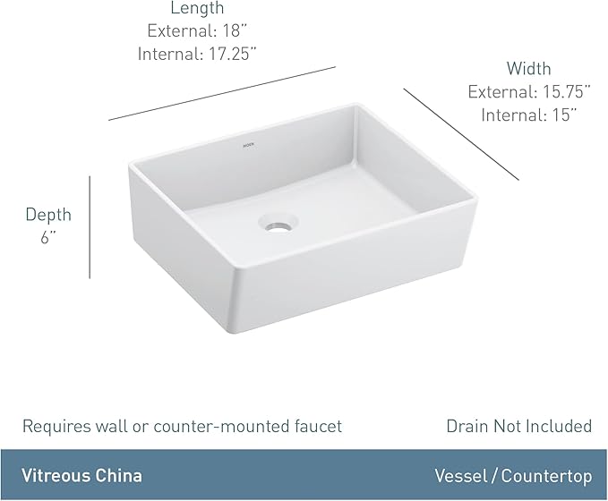Moen White Vitreous China Vessel Sink for Bathroom, 18 X 15.75 X 6 Inch Rectangle Sink with a High Gloss Porcelain Ceramic Bowl for Above Counter, BGCW10RV1618
