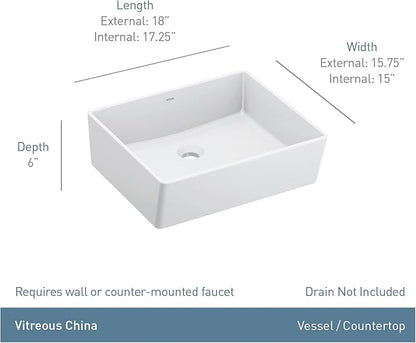 Moen White Vitreous China Vessel Sink for Bathroom, 18 X 15.75 X 6 Inch Rectangle Sink with a High Gloss Porcelain Ceramic Bowl for Above Counter, BGCW10RV1618