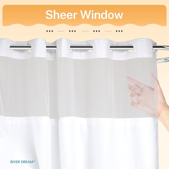 RiverDream Heavyweight Waffle No Hook Shower Curtain with Liner,White,71x74 | Dotted Waffle,Snap-in Liner,Heavy Duty,Quick Dry,Mesh Top Window,With Bottom Magnets,Hotel-Grade,Washable,Standard Size