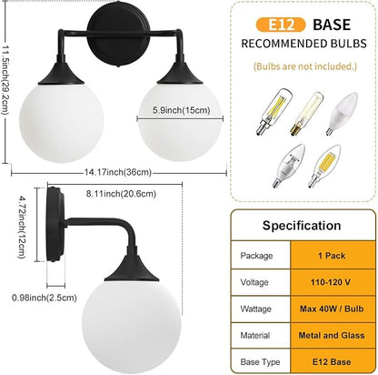 Black Bathroom Light Fixtures Over Mirror Vanity 2-Light | Mid Century Modern Matte Black Wall Sconce with Milky White Glass Ball Shades for for Bathroom Dressing Table Bedroom