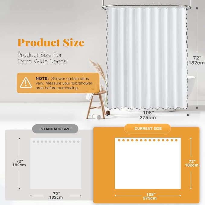 BTTN 108x72 Boho Scalloped Linen Textured Cloth Shower Curtain Set, White | Extra Wide Size, 230GSM Waterproof Polyester, Heavy Duty Fabric, 18 Plastic Hooks, Modern Farmhouse Style, Machine Washable