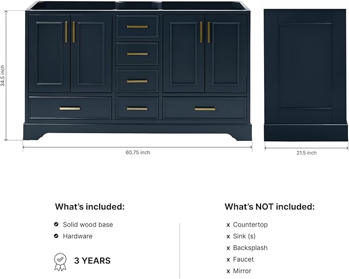ARIEL Stafford 60-inch Bathroom Vanity Base Cabinet,Solid Wood, 4 Soft Closing Doors, 6 Dovetail Drawers, Satin Brass, Midnight Blue
