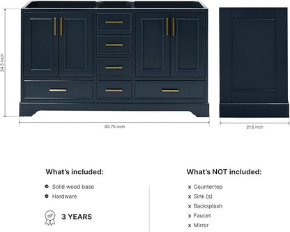 ARIEL Stafford 60-inch Bathroom Vanity Base Cabinet,Solid Wood, 4 Soft Closing Doors, 6 Dovetail Drawers, Satin Brass, Midnight Blue