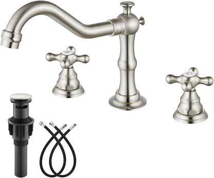 gotonovo Bathroom Faucet 3 Hole 8 Inch Widespread Bathroom Sink Faucet 2 Cross Handles Vintage Lavatory Vanity Mixer Tap with Pop Up Drain, H C Label, Brushed Nickel