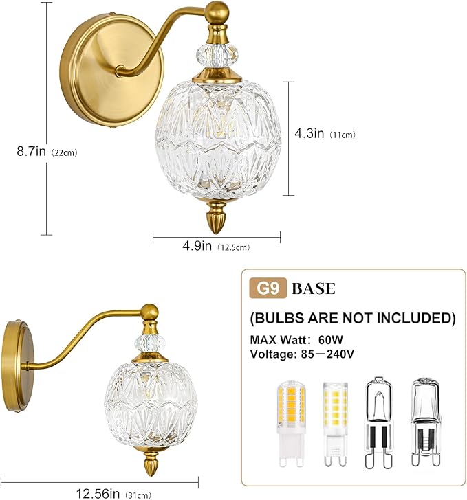 1 Piece Vintage Wall Sconce, 1-Light Mid Century Brushed Gold Finish Wall Sconce with Globe Glass Shade, Retro Light for Bathroom, Bedroom, Living Room,Powder Room