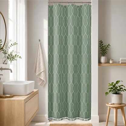 OVZME Sage Green Stall Shower Curtain for Bathroom, Puff Printed Textured Shower Curtain with Tassels, Geometry Heavy Duty Vintage Country Narrow Bathroom Curtain, Water Resistant Fabric, 36Wx72L
