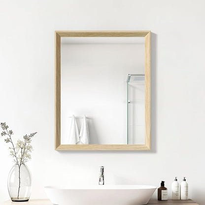 Oak Wood Effect Framed Wall Mirror, 24x32 Rectangle Mirror, 1/8" Anti-desilvering Tempered Glass, Sustainable& Sturdy Frame, Anti-Rust, HD Reflection &3min Fast Setup for Bathroom Living Room