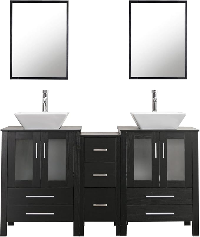 60" Double Vanity(2 * 24" Vanity,2* Porcelain Vessel Sink Combo(Square),1 * 12" Side Cabinets),Double Bathroom Vanity Top with Porcelain Sink,Faucet Drain Parts Include,Mirror Not Included