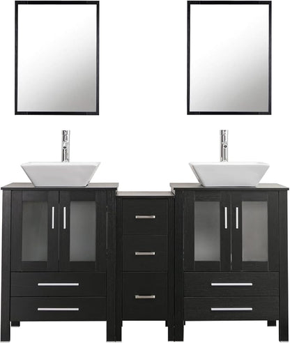 60" Double Vanity(2 * 24" Vanity,2* Porcelain Vessel Sink Combo(Square),1 * 12" Side Cabinets),Double Bathroom Vanity Top with Porcelain Sink,Faucet Drain Parts Include,Mirror Not Included