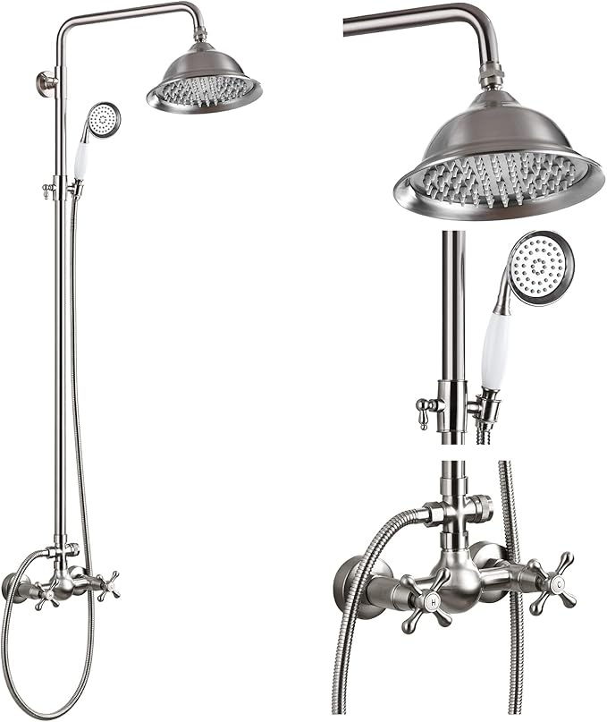 gotonovo Brushed Nickel Shower Faucet Set 8 Inch Rainfall Shower Head Bathroom Shower System Double Cross Handle and Handheld Spray Wall Mount Shower Fixture