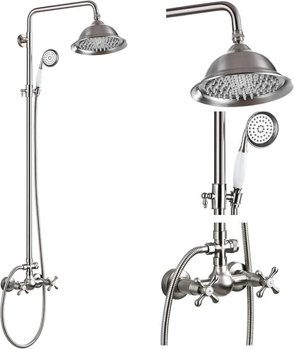 gotonovo Brushed Nickel Shower Faucet Set 8 Inch Rainfall Shower Head Bathroom Shower System Double Cross Handle and Handheld Spray Wall Mount Shower Fixture