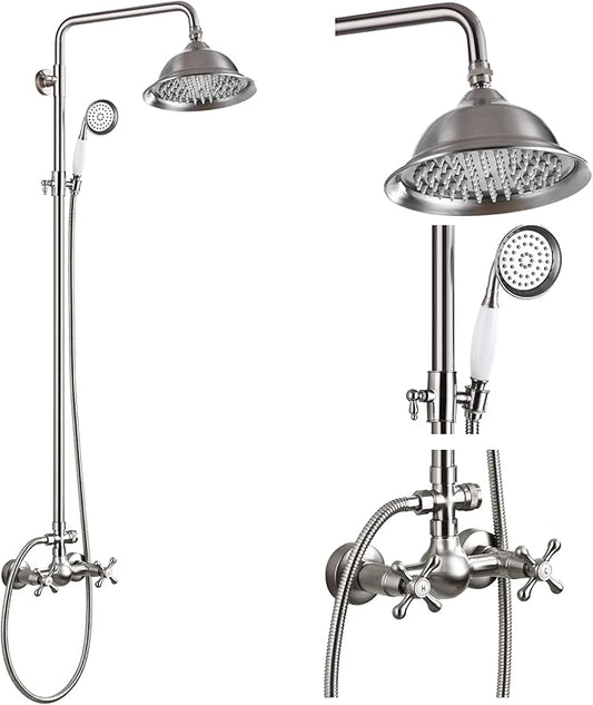gotonovo Brushed Nickel Shower Faucet Set 8 Inch Rainfall Shower Head Bathroom Shower System Double Cross Handle and Handheld Spray Wall Mount Shower Fixture