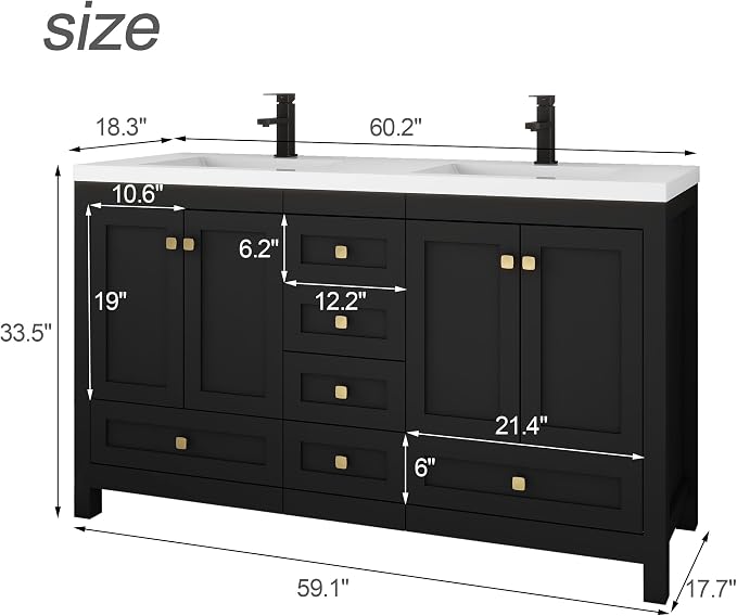 LUCKWIND 60" Bathroom Vanity and Sink Combos, Modern Bathroom Storage Painted Cabinet with Undercounter Resin Dual Sink Top, Matte Black Faucet and 6 Drawers, Mirror Not Included, Black