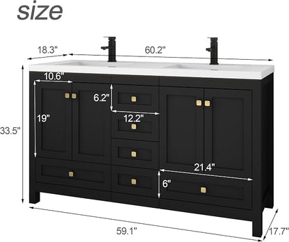 LUCKWIND 60" Bathroom Vanity and Sink Combos, Modern Bathroom Storage Painted Cabinet with Undercounter Resin Dual Sink Top, Matte Black Faucet and 6 Drawers, Mirror Not Included, Black