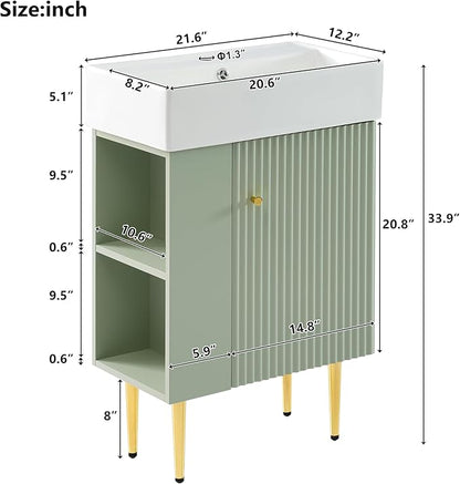 Merax 21.6" Bathroom Vanity, 21.6 Inch Freestanding Bathroom Vanity with Sink, Modern Vanity Floor Standing with 1 Door and White Ceramic Basin Sink Top, Green