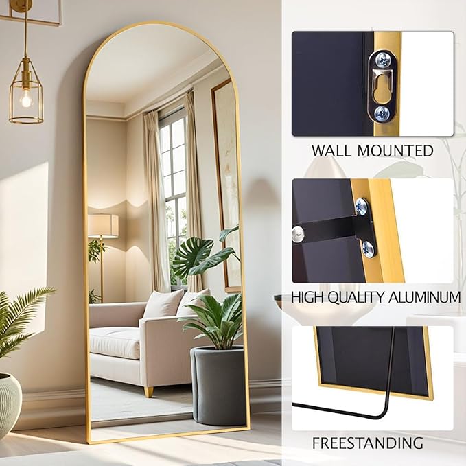 Dewfig Mirror Full Length, 64"X20" Arched Floor Mirror, Gold | Aluminum Alloy Frame Full Body Mirror, HD Shatterproof Tempered Glass, Lean/Stand/Wall for Living Room,Bedroom, Dressing Room