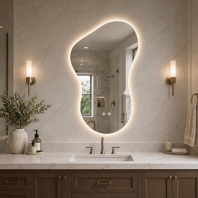 Irregular Led Bathroom Mirror with Lights 20x32 Inch, Backlit Asymmetrical Led Bathroom Mirror for Wall, Lighted Vanity Mirror with Lights, Anti-Fog, Dimmable 3 Colors, Shatter-Resistant