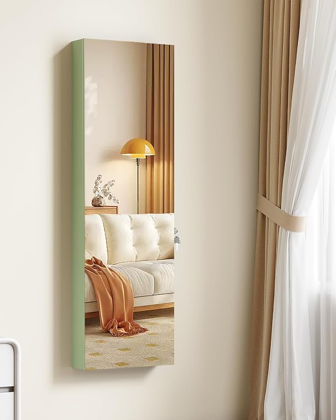 LVSOMT Over The Door Jewelry Organizer, 6 LED Wall Mounted Jewelry Cabinet | Lockable 42.5" Full Length Mirror with Jewelry Storage, Hanging Jewelry Mirror Cabinet, Jewelry Armoire for Women, Green