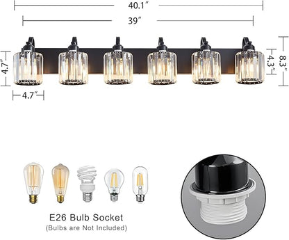 Black Crystal Bathroom Lights Fixtures 6 Light Crystal Bathroom Vanity Lights Fixtures Over Mirror Modern Matte Black Bath Wall Lights with Round Shade (Exclude Bulb)