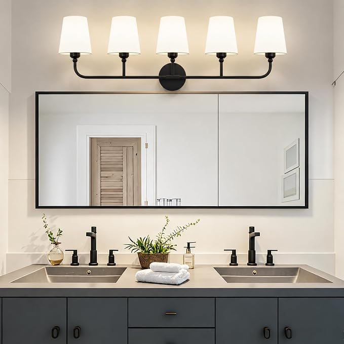 Bathroom Vanity Light, Matte Black Bathroom Lighting Fixtures Over Mirror | 5-Light Bathroom Light Fixtures with Flared White Fabric Shade, E26 Socket (ETL Listed)