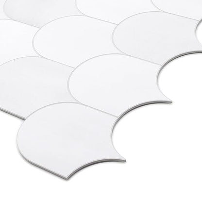 SUNWINGS 10-Sheet Fish Scale Peel and Stick Backsplash Tile, 11.4'' x 10.9" Stone Composite Scallop Handmade Looks Self-Adhesive Wall Tiles for Kitchen Bathroom, White Mixed
