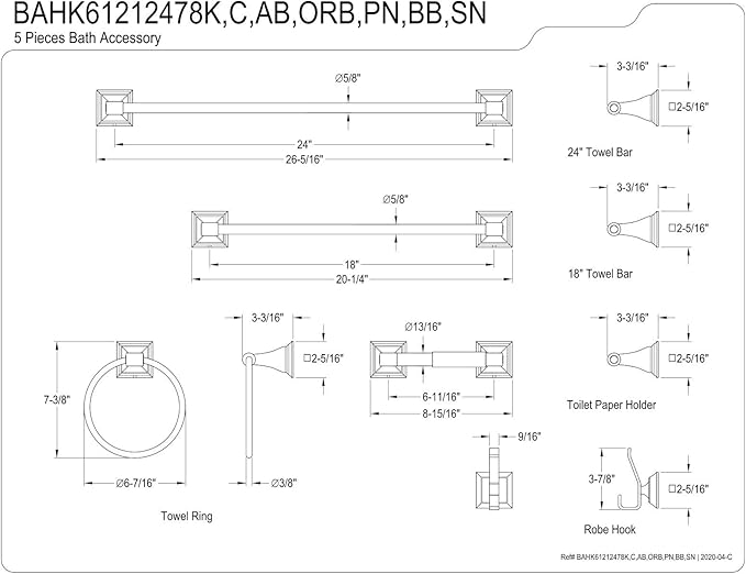 Kingston Brass BAHK61212478PN Monarch Bathroom Hardware Set, Polished Nickel,24 x 3.19 x 2.31