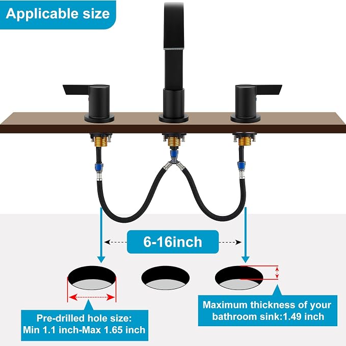 Midanya 8 Inch Widespread Bathroom Sink Faucet 3 Hole,Matte Black | Waterfall Swivel Spout,2 Handle,SUS304,with Pop Up Drain,cUPC 24" Water Hose,for 6-16” hole distance vanity,RV,Farmhouse Sink