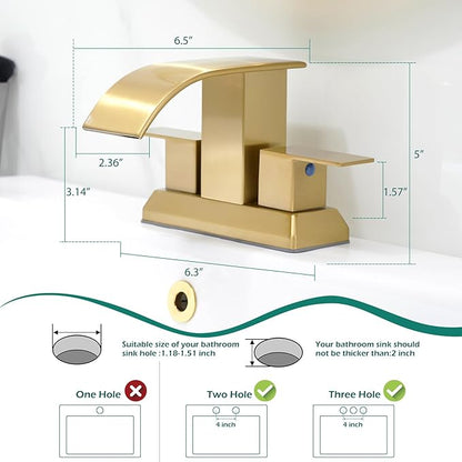 Hoimpro 3 Holes 4 Inch Bathroom Faucet, Waterfall Brushed Gold Two Handles Centerset Sink Faucet with cUPC Supply Hoses and Pop Up Drain