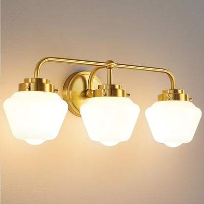 Bathroom Vanity Light Fixtures: 3-Lights Gold Vanity Lights Over Mirror, 17 Inch E26 60W Modern Bathroom Lighting Fixture with Milky White Glass for Bath Restroom