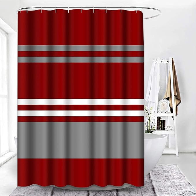 Shower Curtain, for Bathroom Decor 72 x 72 Inch, Striped Brick Red | Grey Crimson Waterproof Polyester Fabric Shower Curtains Set with Hooks