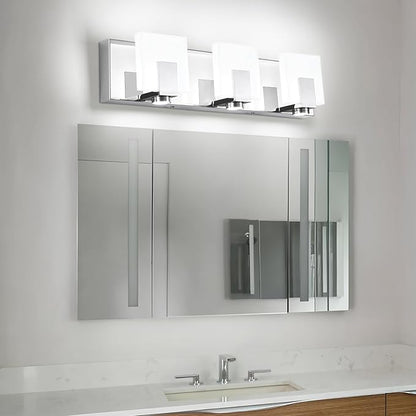 SOLFART Bathroom Lighting Fixtures Over Mirror Chrome 3 Light Bathroom Vanity Light Dimmable LED Lights Stainless Steel Acrylic