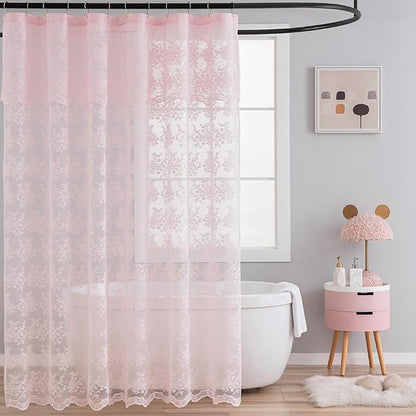 TUDECO Pink Lace Shower Curtain with Attached Valance, 72x72 Inch, 1 Panel | Light Pink, Cute Girly Bathroom Decor, Aesthetic Feminine Style, Vintage Floral Detail, Soft Light Filtering, Semi Privacy