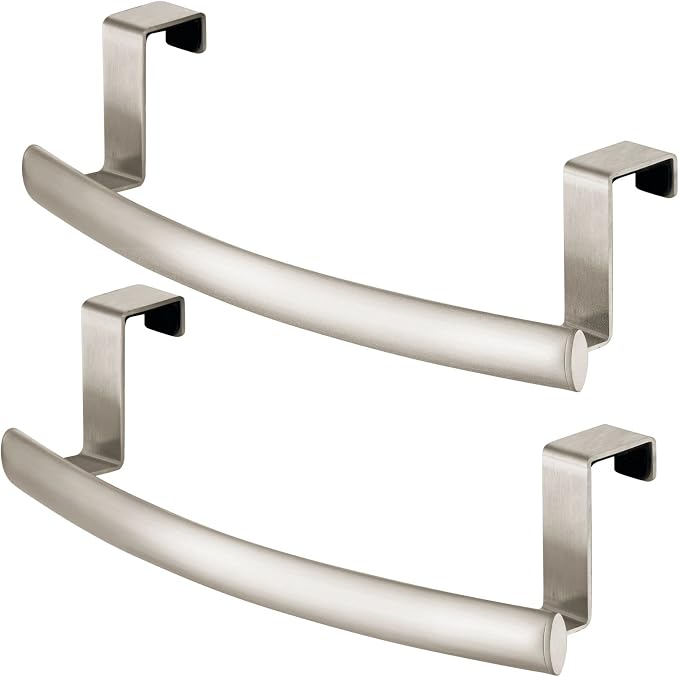 mDesign Steel Over Door Curved Towel Bar Storage, Hanger for Cabinet or Cupboard, Holder Rack for Kitchen, Bathroom - Holds Hand/Dish Towels, Washcloths - Spira Collection - 2 Pack - Satin