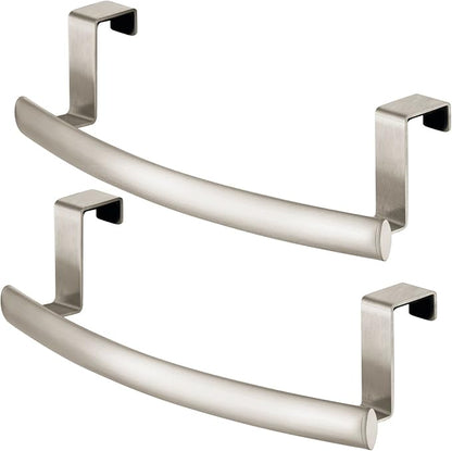 mDesign Steel Over Door Curved Towel Bar Storage, Hanger for Cabinet or Cupboard, Holder Rack for Kitchen, Bathroom - Holds Hand/Dish Towels, Washcloths - Spira Collection - 2 Pack - Satin