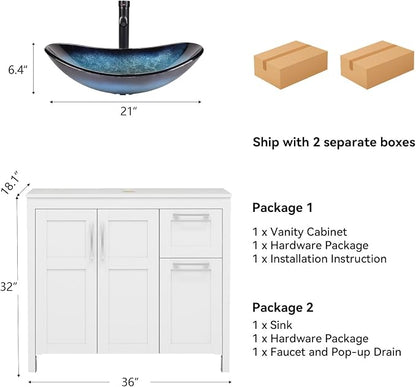 YOURLITE 36" Bathroom Vanity with Sink, White Bathroom Vanity and Sink Combo with Faucet & Pop Up Drain Set,Traditional Vanity with Dark Green Glass Bowl