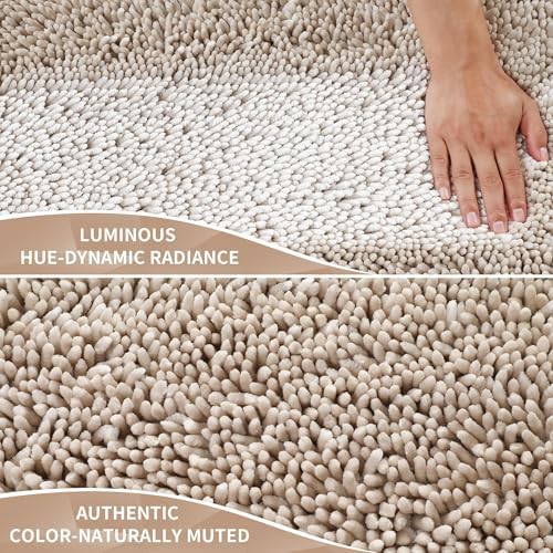 Yimobra Chenille Bathroom Rugs Non Slip, Extra Thick Soft Absorbent Bath Rug 31.5x20 Inch, Machine Washable Quick Dry Bath Mat for Bathroom Floor, Tub and Shower, Home Decor Accessories, Khaki