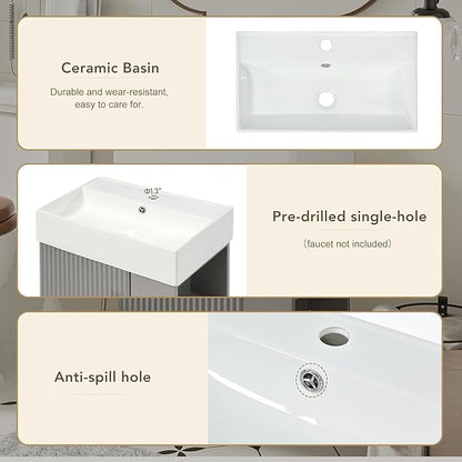 21.6 in Floating Bathroom Vanity with Sink,Soft Closing Doors,Solid Wood Frame & MDF Modern Single Small Bathroom Vanity Cabinet with Open Shelf,Wall Mounted (Grey,Right Shelves)