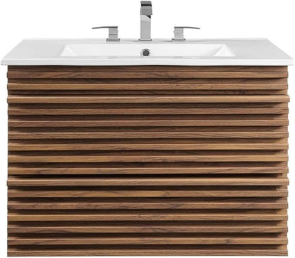 Modway Render 30" Wall-Mount Bathroom Vanity in Walnut White
