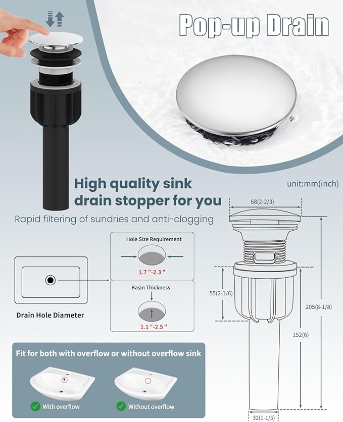 Bathroom Faucet, Bathroom Sink Faucets with Pop-up Drain and Deck Plate, Single Hole Vanity Sink Faucet for Modern Farmhouse RV Vessel Sink (1~3 Holes), Chrome