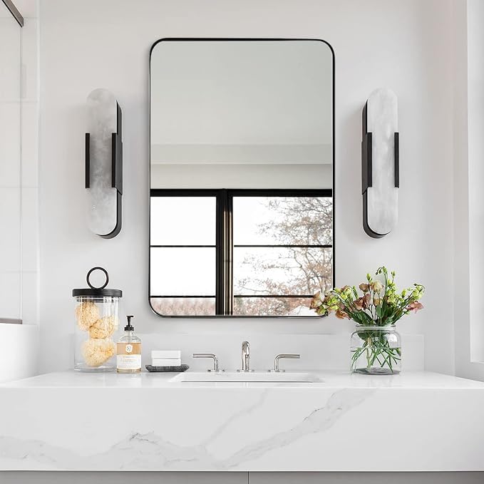 Brushed Nickel Mirror for Wall, 20”x28” Silver Rectangle Bathroom Mirror, Modern Metal Mirror in Rounded Corner Stainless Steel Frame, 1’’ Deep Set Design Hangs Horizontal Or Vertical