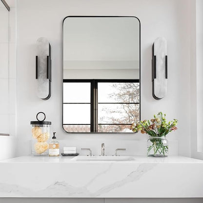 Brushed Nickel Mirror for Wall, 20”x28” Silver Rectangle Bathroom Mirror, Modern Metal Mirror in Rounded Corner Stainless Steel Frame, 1’’ Deep Set Design Hangs Horizontal Or Vertical
