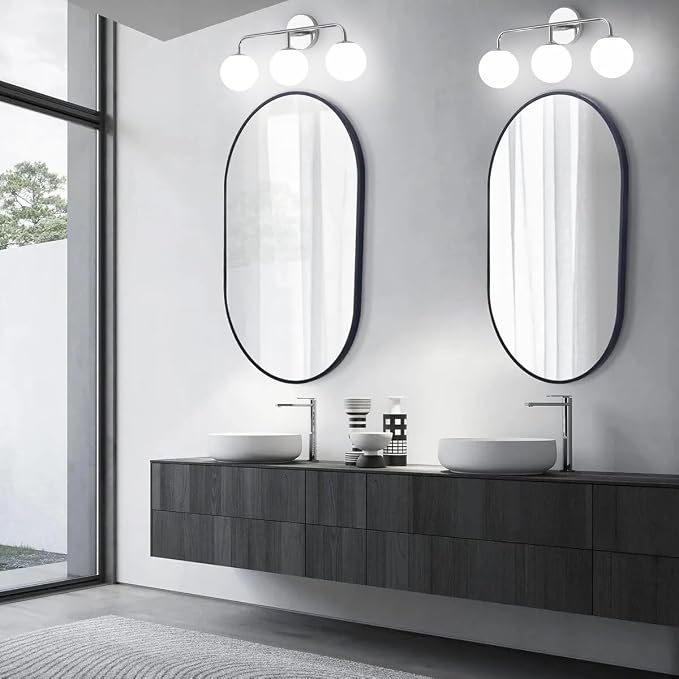 Chrome Vanity Lights, Mid Century Modern 3-Light Bathroom Lighting Fixture Over Mirror, Polished Wall Sconces With Frosted Milk Glass Shade