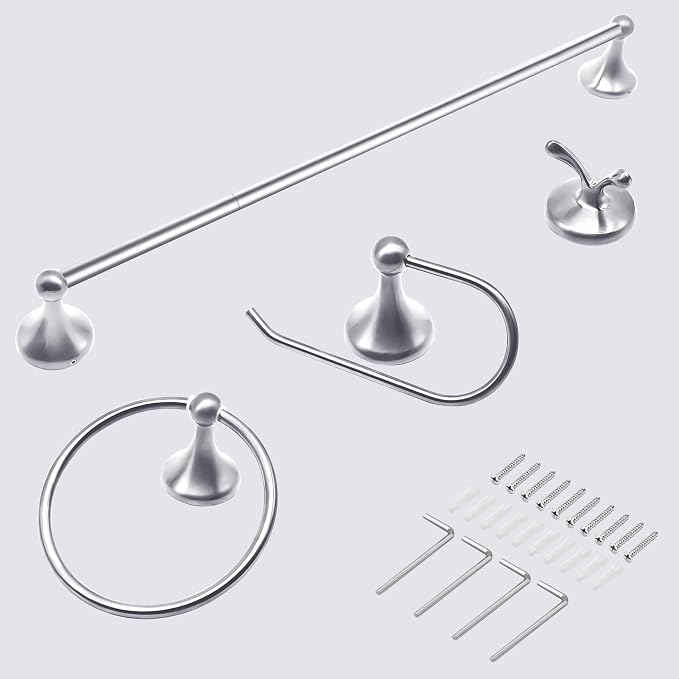 Brushed Nickel Bathroom Hardware Set Wall Mounted Brushed Nickel Accessories Set 4 Pieces Bathroom Hardware Set, 23.6 inch Towel Bar | Towel Hook | Toilet Paper Holder | Hand Towel Holder