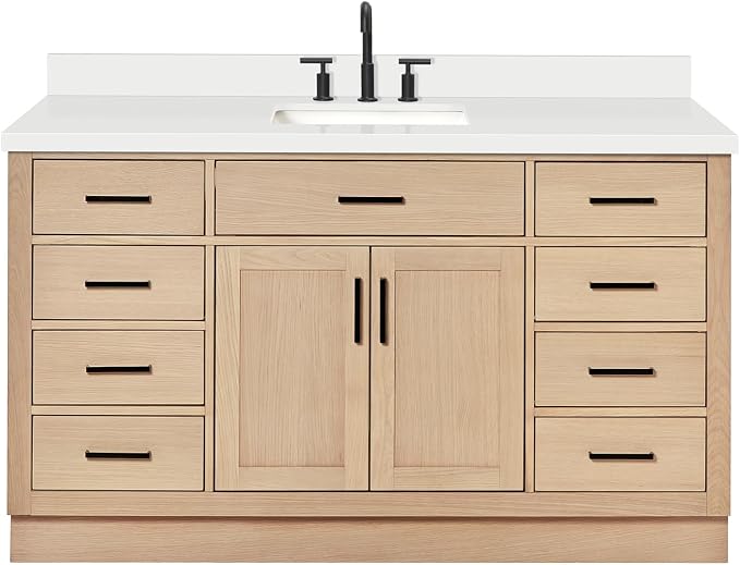 ARIEL Hepburn 60-inch Bathroom Vanity with Sink,Solid Wood, 1.5-inch Pure White Quartz Countertop, Single Rectangular Porcelain Sink, 2 Soft Closing Doors, 9 Dovetail Drawers, White Oak