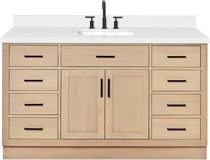 ARIEL Hepburn 60-inch Bathroom Vanity with Sink,Solid Wood, 1.5-inch Pure White Quartz Countertop, Single Rectangular Porcelain Sink, 2 Soft Closing Doors, 9 Dovetail Drawers, White Oak