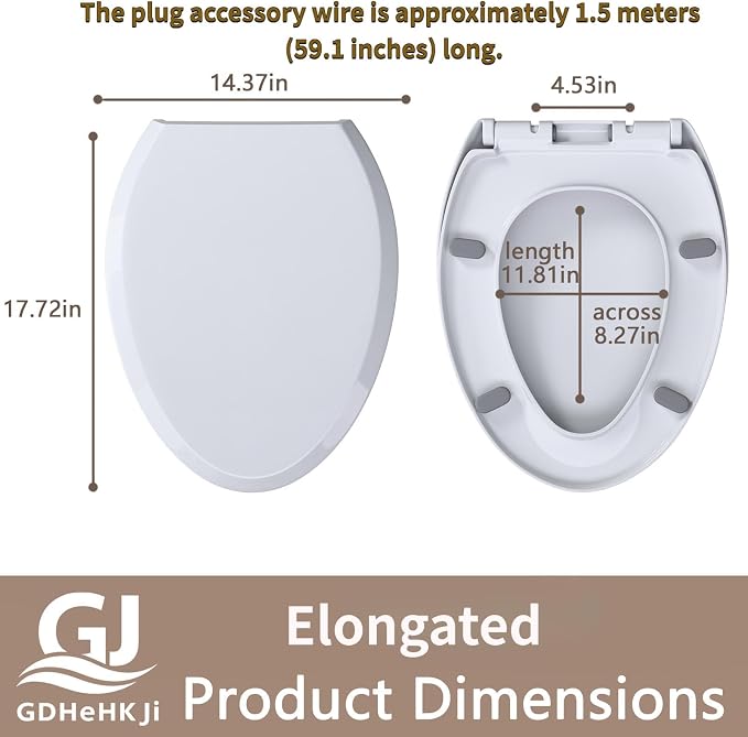 Heated Toilet Seat Elongated, Constant Temperature Seat Warmer | Elongated (17.72x14.37") | Heavy-Duty PP Material | Soft Close & Quiet | Safe Constant Heating Only (No Bidet/Temp Adjust)