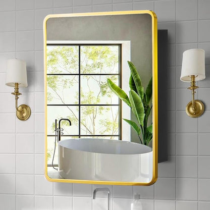 Movo Mirror Medicine Cabinet 20 Inch x 28 Inch Gold Metal Framed Bathroom Medicine Cabinet with Mirror Rectangle Recess or Surface Mount Installation