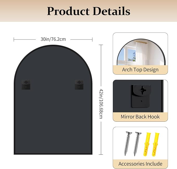 COFENY Arched Mirror, 30’’x42’’ Black Arch Mirrors for Bathroom Sink, Bathroom Vanity Mirror with Metal Frame, Modern Wall Mounted Mirror for Bedroom Living Room Mantle Entryway